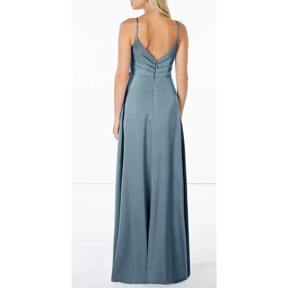 Azazie Calissa Mist A-Line V-Neck Pleated Stretch Satin Dress Bridesmaid Gown A0 - Picture 10 of 13